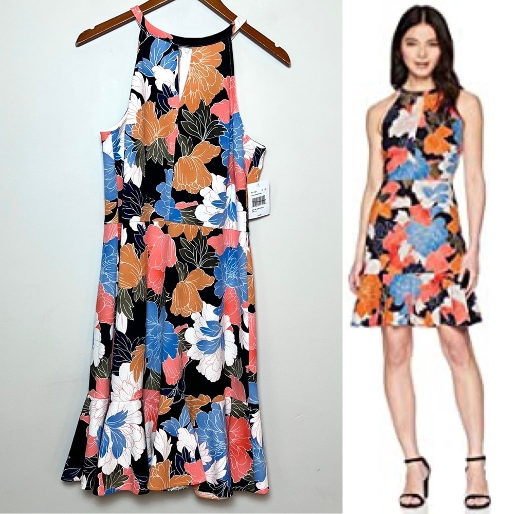 London Times NEW Floral Halter Ruffled Hem Dress Sz 14 Large